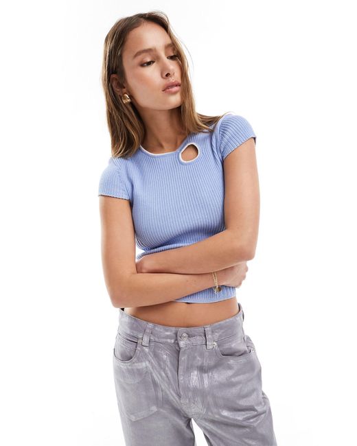 ASOS Blue Knitted Pleated Baby Tee With Contrast Trim