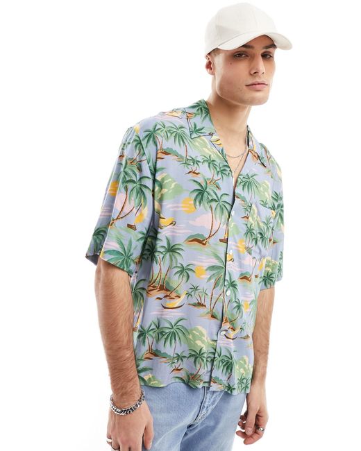 Gant Green Short Sleeve Palm Print Cotton Linen Shirt for men