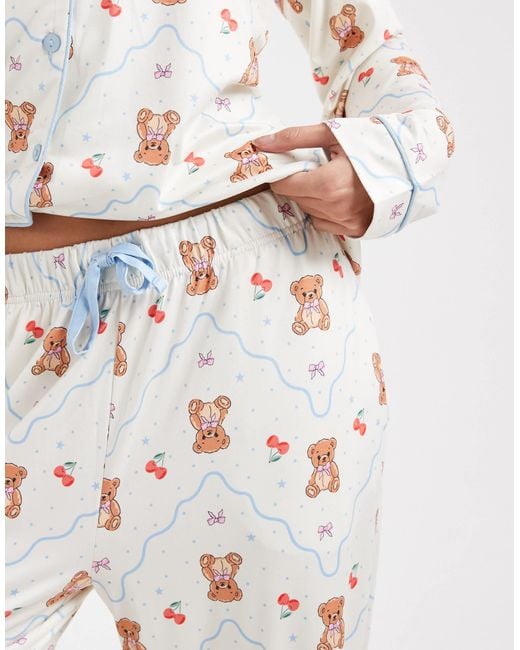 Threadbare White Button Down Super Soft Pajama Set With Bear Print