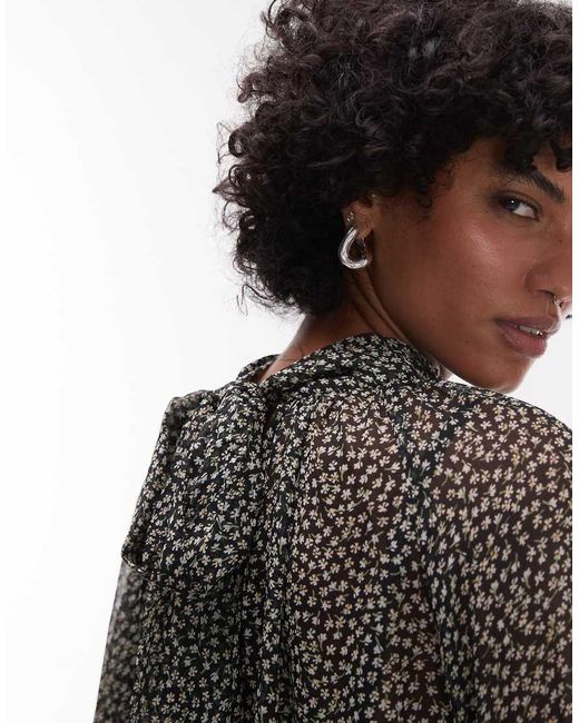 Mango Black Flute Sleeve Printed Blouse