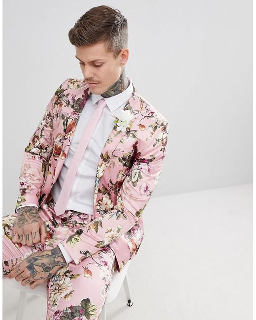 ASOS Pink Wedding Skinny Suit Jacket In Blush Floral Sateen Print for men