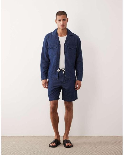 Mango Blue Cotton Mix Denim Look Relaxed Fit Shorts for men