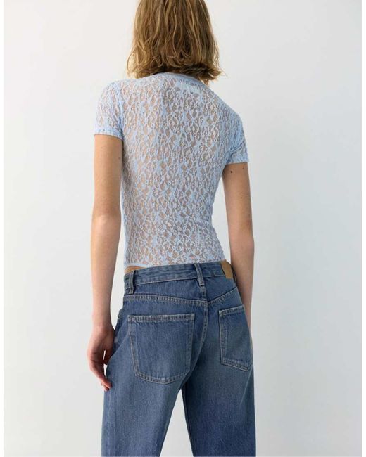 Pull&Bear Blue Short Sleeve Lace Bodysuit