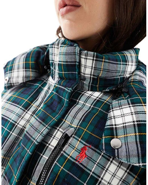 Polo Ralph Lauren Blue Country Plaid Puffer Jacket With Logo