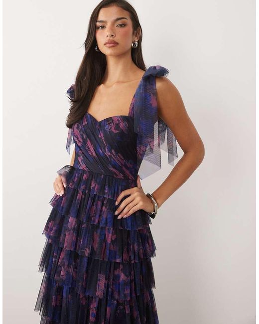 LACE & BEADS Blue Bridesmaid Bow Shoulder Tulle Maxi Dress
