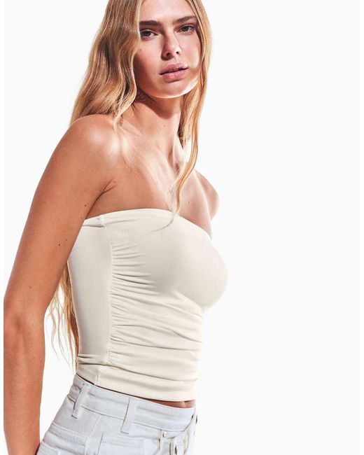 Bershka White Ruched Bandeau Top