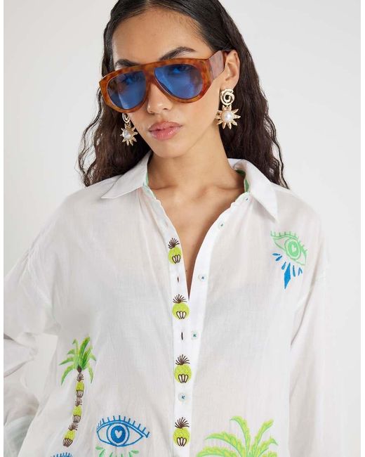 River Island White Palm Tree Embroidered Shirt