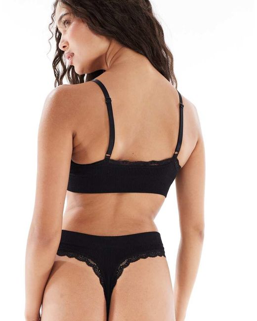 New Look Black Lace Edge Ribbed Seamless Lingerie Thong