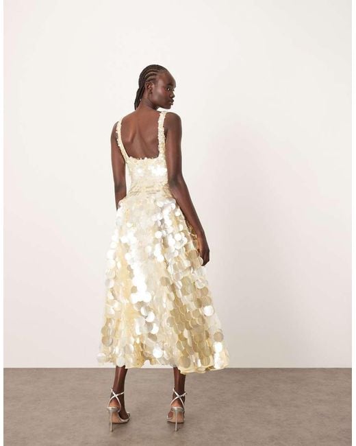 ARRANGE Natural Embellished Disc Sequin Square Neck Full Skirt Midi Dress