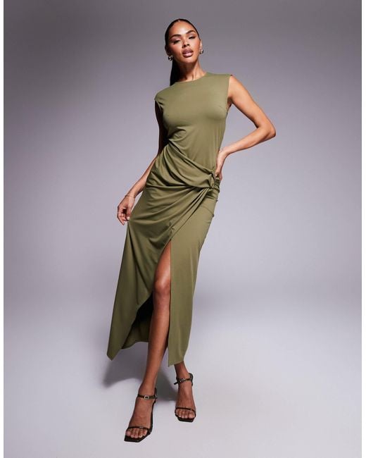 ASOS Green Slash Neck Twist Front Midi Dress