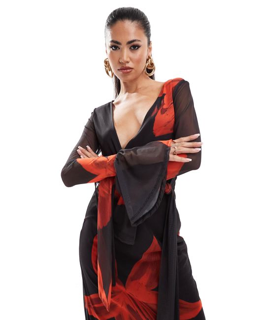 ASOS Red – langärmliges, mittellanges netzstoff-wickelkleid