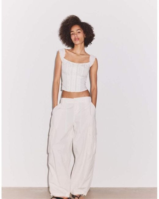 Stradivarius White Ruffled Corset Top