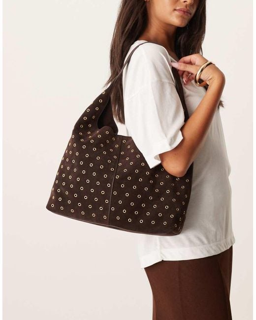 Mango Brown 100% Suede Eyelet Large Shoulder Bag