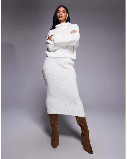 Kaiia White Exclusive Ribbed Knit High Neck Balloon Sleeve Jumper Co-Ord