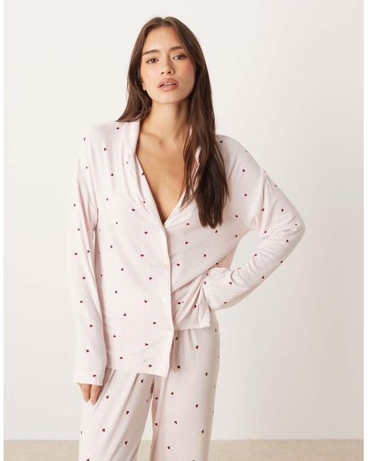 Gina Tricot Natural Mix And Match Soft Pyjama Shirt Top With Red Heart Print