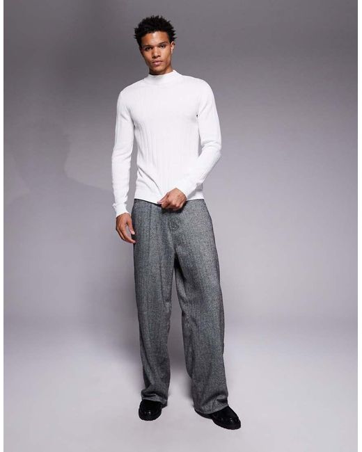ASOS Gray Muscle Fit Long Sleeve Knitted Rib Turtle Neck T-Shirt for men