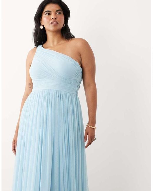 Lace & Beads Plus Blue Bridesmaid Tulle One Shoulder Fitted Waist Maxi Dress