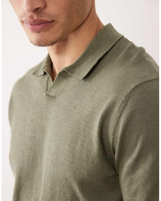 Jack & Jones Green Open Colar Knitted Polo for men