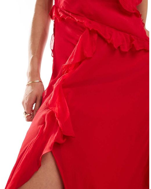 Vestido Midi Asimétrico Con Detalles Desflecados De Mango de color Red