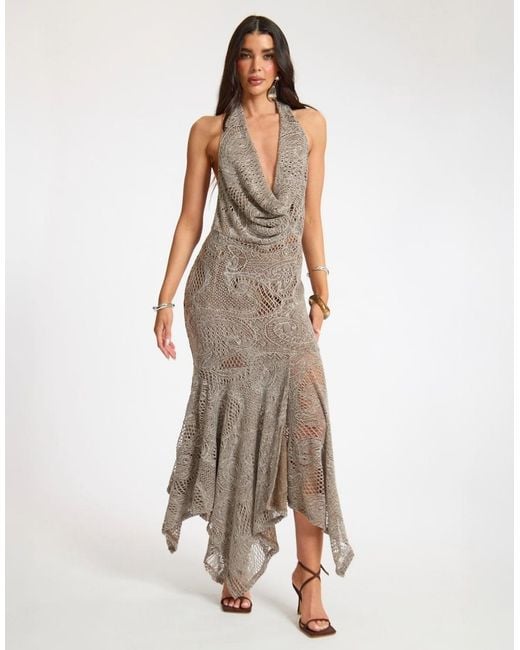 Missy Empire Natural Textured Asymmetrical Cowl Midi Dress