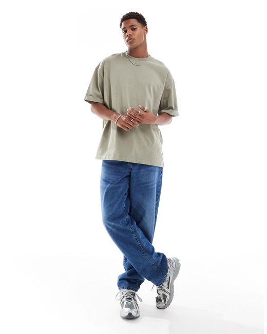 T-shirt épais oversize à manches retroussées - kaki ASOS pour homme en coloris Gray