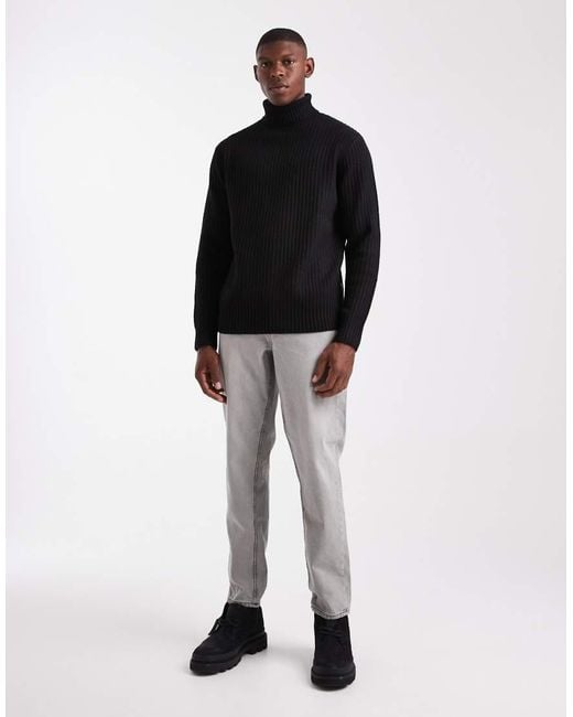 JJ Rebel Black Roll Neck Cable Knit Jumper for men