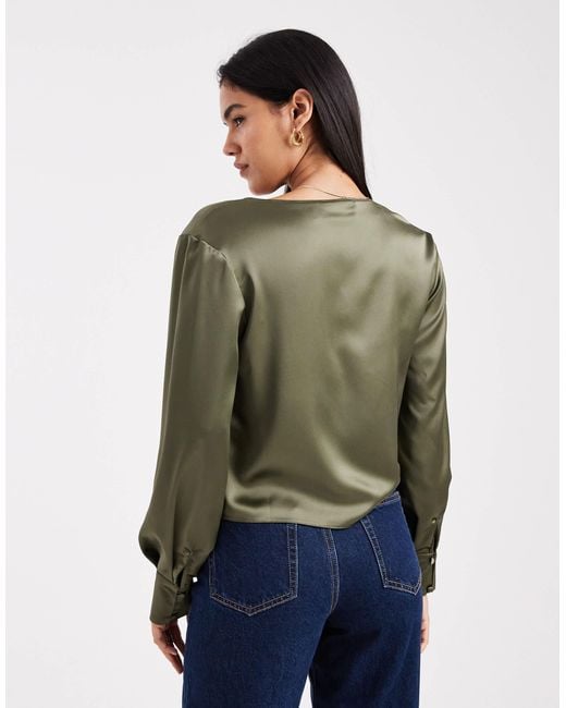ASOS Green Satin Long Sleeve V Neck Blouse