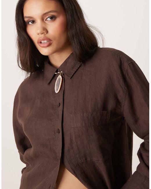 Gina Tricot Brown Relaxed Fit Long Sleeve Linen Shirt