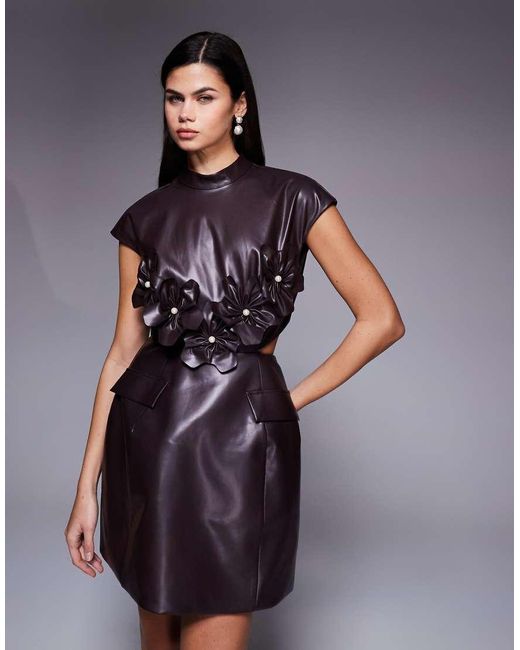 ASOS Blue Pu Structured Mini Dress With Corsage Detail