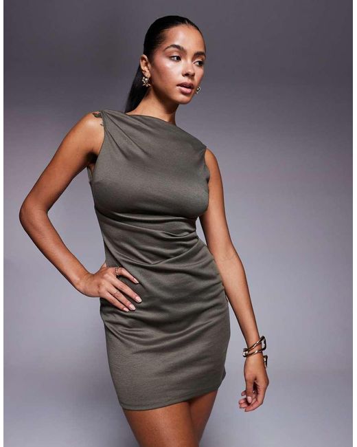 ASOS Blue Slash Neck Ponte Mini Dress With Ruched Detail