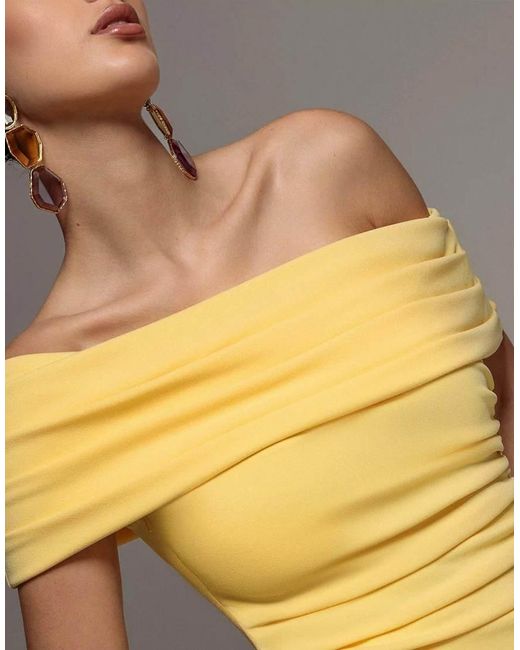 Goddiva Metallic Pleated One Shoulder Bardot Fit And Flare Maxi Dress