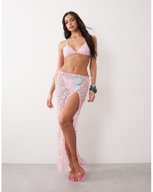 South Beach Brown Sequin Triangle Bikini Top With Shell Applique