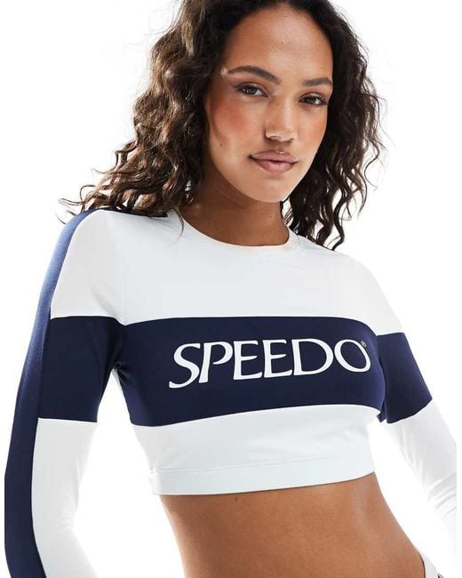 Speedo Blue Swim Tops Colourblock Long Sleeve Crop Rash Top