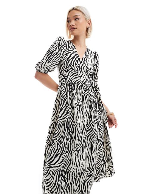 Brave Soul White – midi-wickelkleid mit zebraprint und puffärmeln