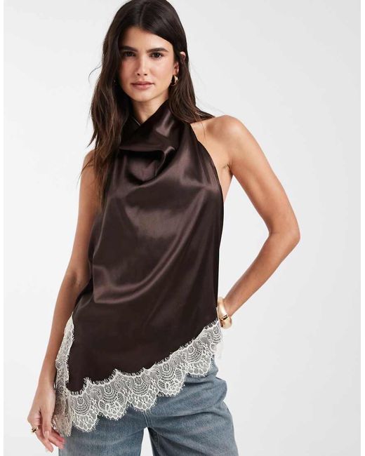 Noisy May Brown Halterneck Satin Top With Lace Details