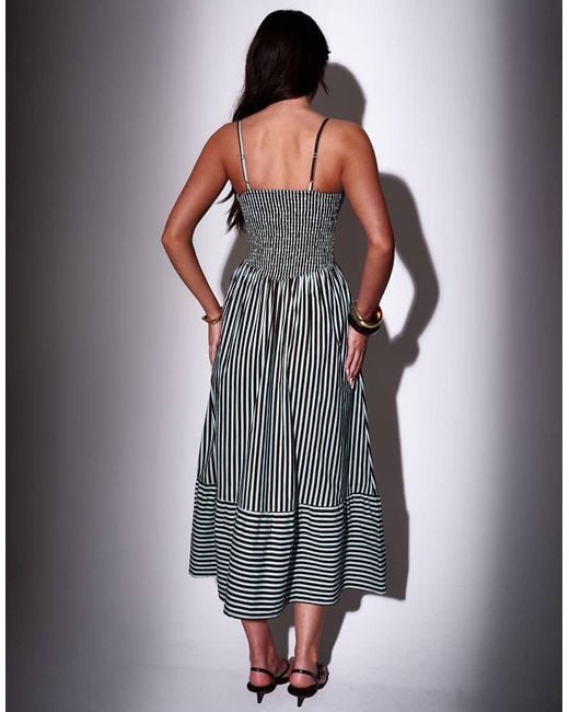 South Beach Blue Striped Smocked Bodice Midi Dress