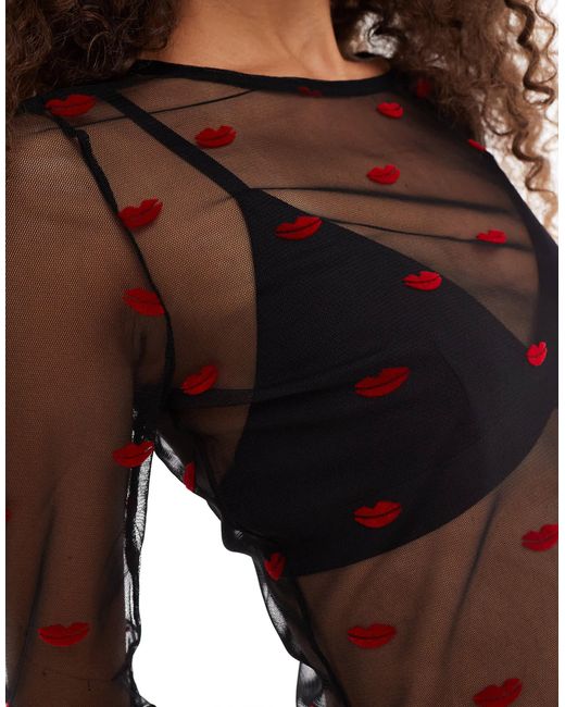 Noisy May Blue Long Sleeve Mesh Top With Lip Flocking