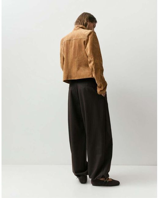 Pull&Bear Brown Striped Barrel Trousers With Darts