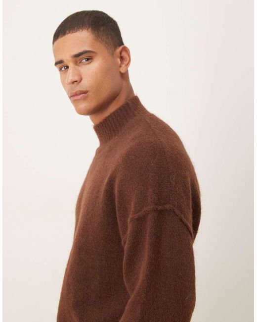 ASOS Brown Oversized Knitted Funnel Neck Wool Blend Jumper for men