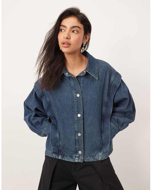 ARRANGE Blue Denim Boxy Shacket With Pleat Detail