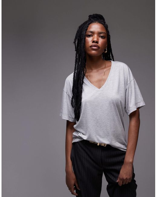 TOPSHOP Gray Slouchy V Neck Tee