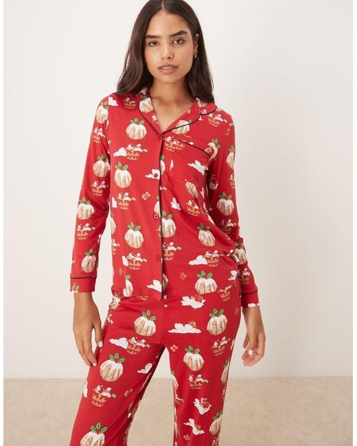 Chelsea Peers Red Poly Long Sleeve Revere Pyjama Set