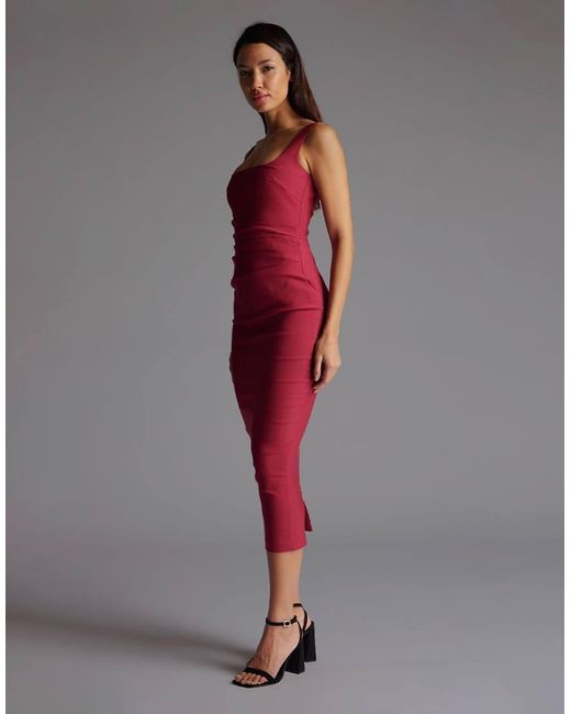 Vesper Red Square Neck Midaxi Dress With Waist Pleats