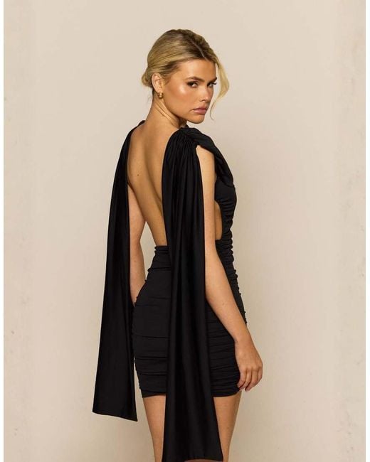 Aria Cove Black Double Sculpted Slinky Cape Drape Detail Open Back Mini Dress