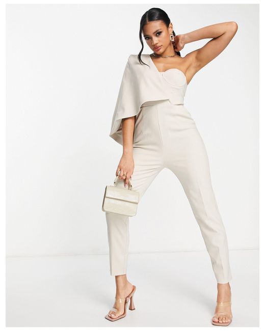 Lavish Alice One Sleeve Cape Detail Jumpsuit in White - Lyst