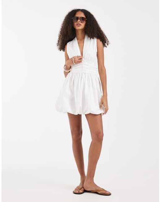 Vero Moda White Ruched Detail Balloon Hem Mini Dress