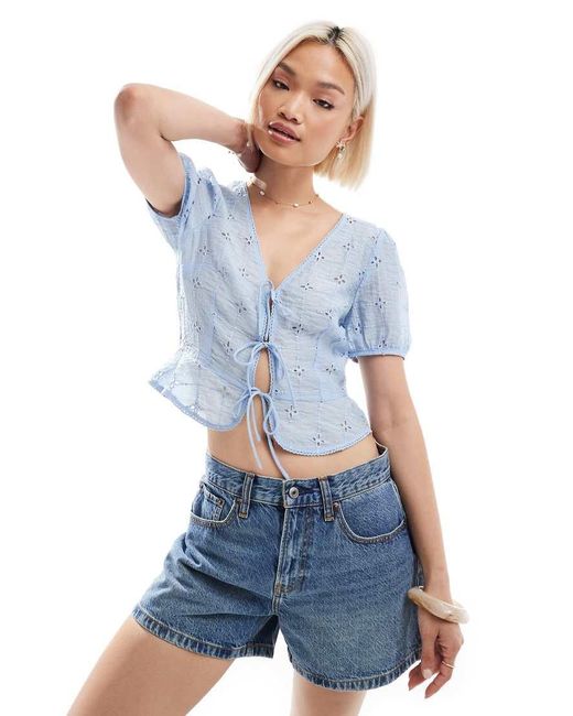 Stradivarius Blue Cropped Tie Front Puff Sleeve Blouse