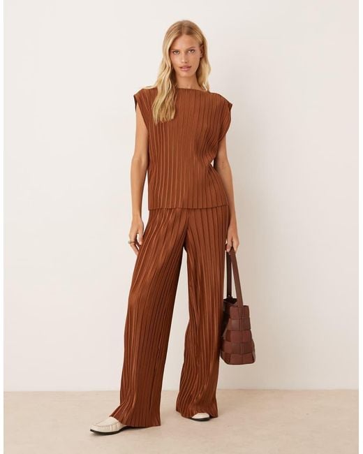 Vila Brown Wide Leg Plisse Trousers Co-ord