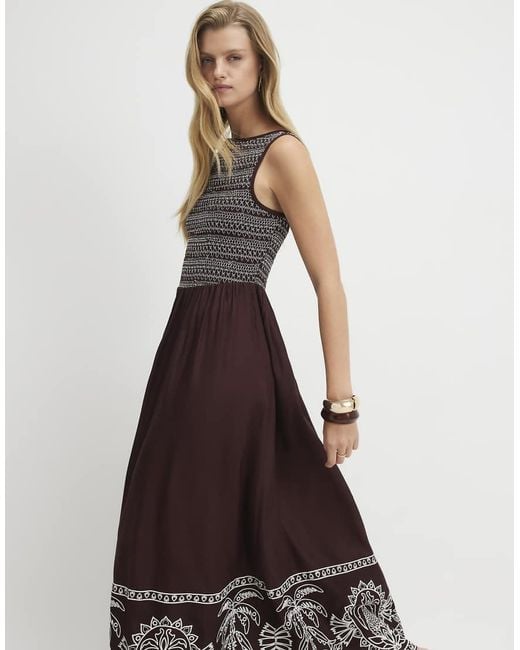 River Island Brown Cotton Embroidered Hem Midi Dress