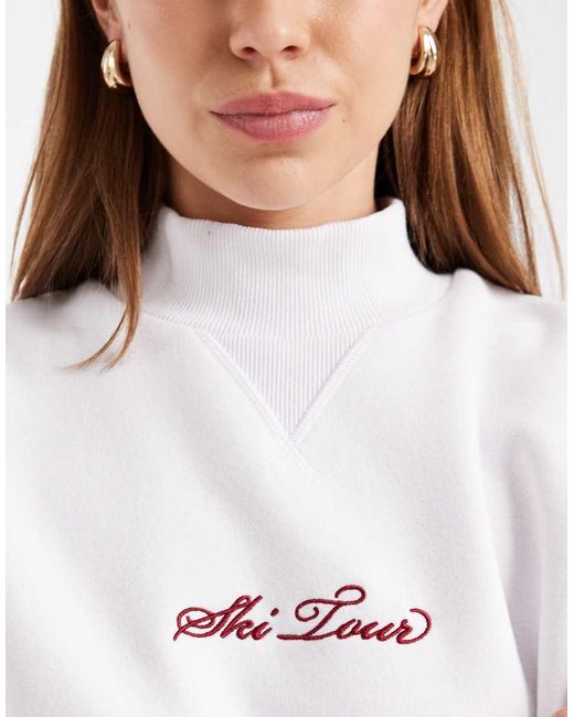 Cotton On White Plush Mock Neck Sweatshirt With Ski Tour Graphic